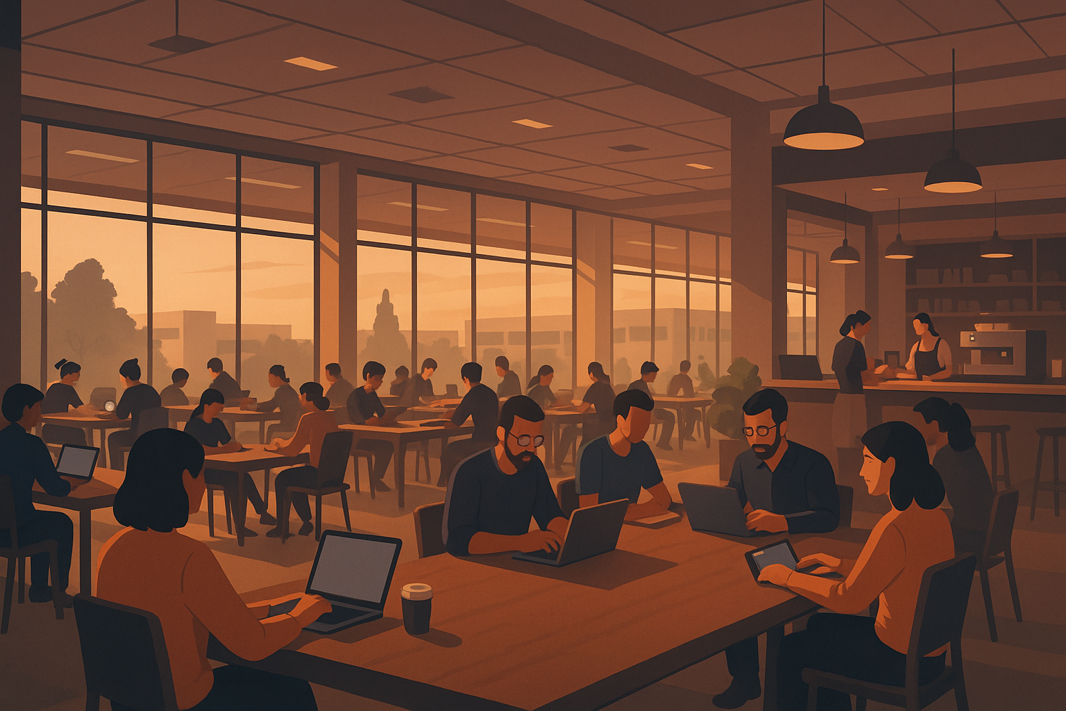 Wide shot of a future shared campus: long tables, people working, a corner cafe counter, soft evening light.